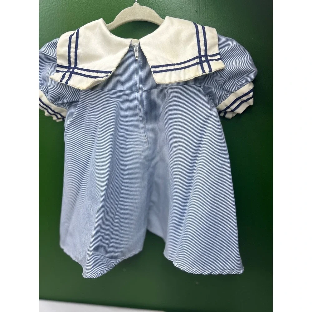 Vintage Toddle Time JCPenney Blue White Pinstripe Sailor Dress Star Size 1